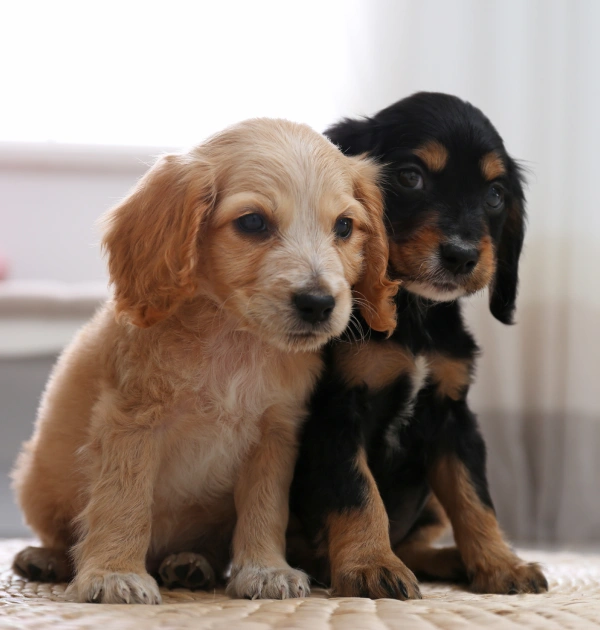 Two adorable puppies sit closely on a soft, beige surface. One is light brown, and the other is black with tan markings. They appear calm and content.